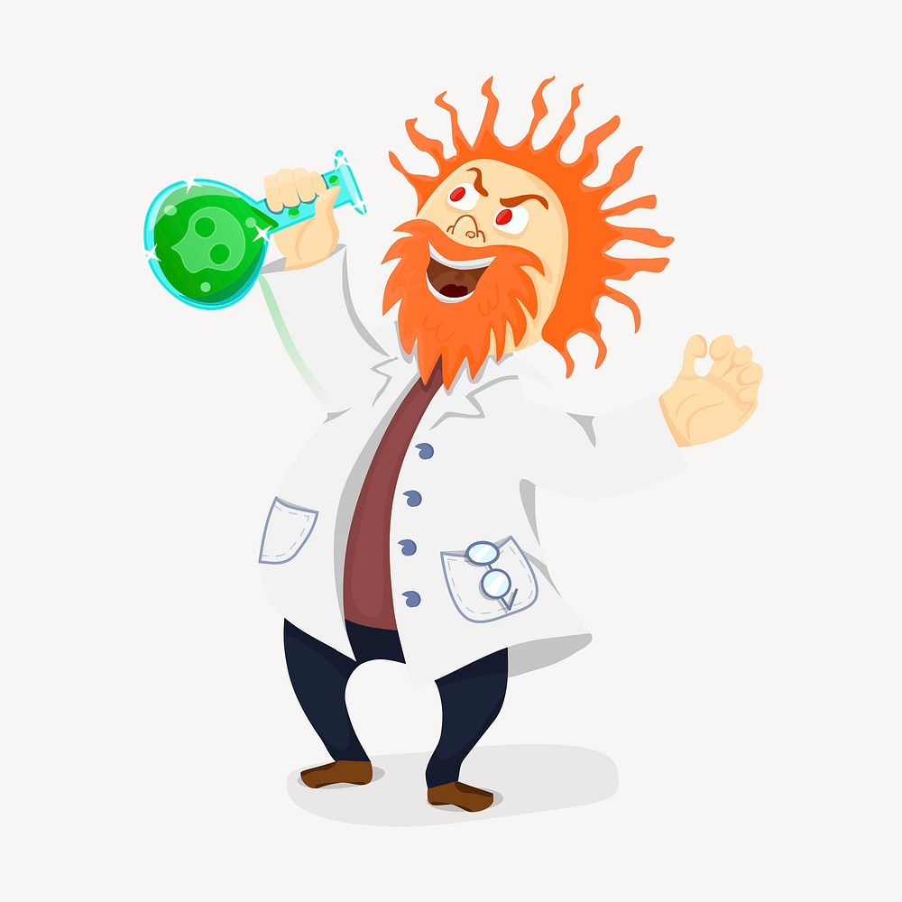A cartoon of a man with red hair sticking out from his head, in a lab coat, holding a green volumetric flask, with his mouth open and his head back