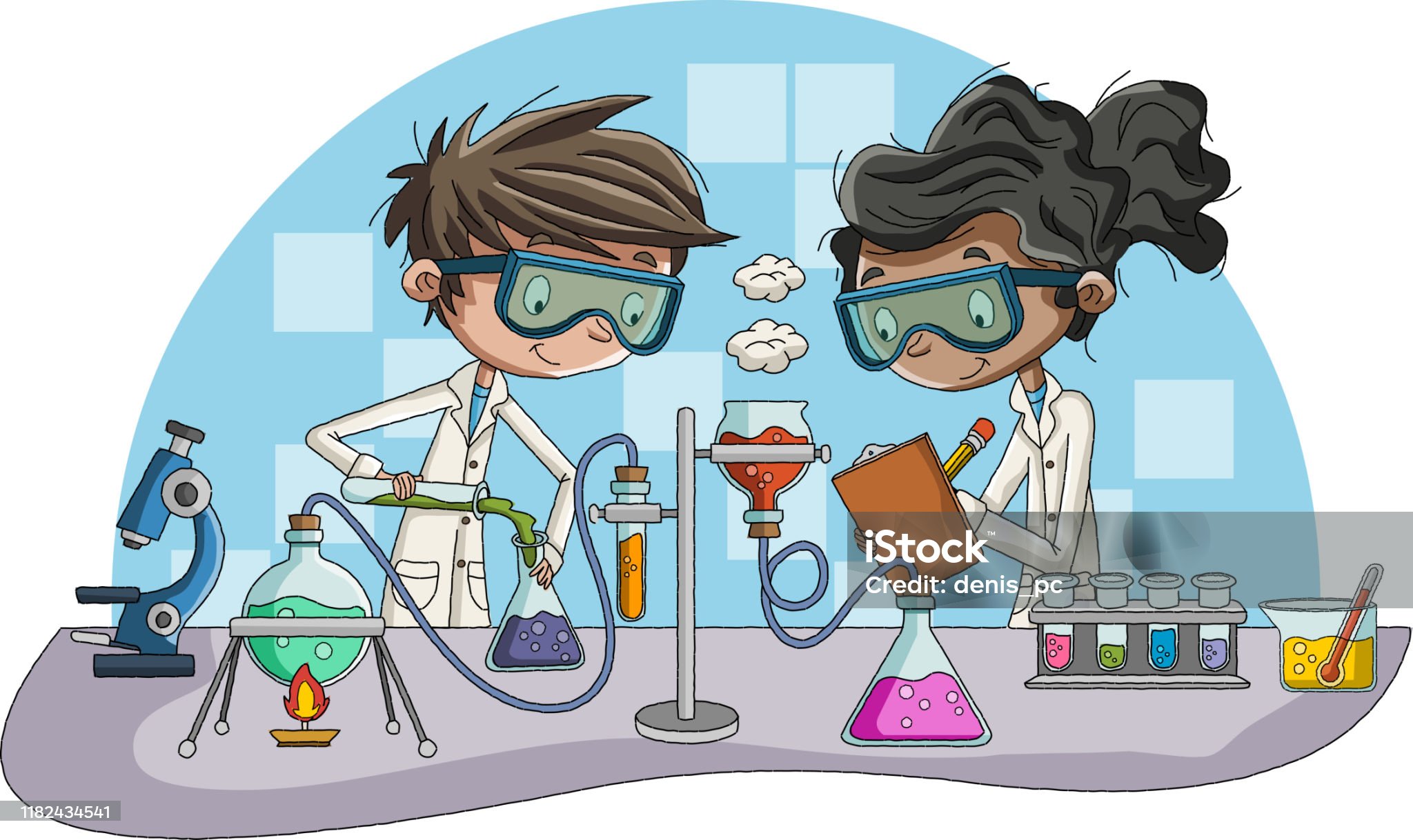 A boy pouring a green liquid into an Erlenmeyer flask with bubbling purple liquid, wearing a lab coat and safety goggles.  A girl is next to him wearing a lab coat and safety goggles and recording observations.  Around them are various chemistry equipment and a microscope. 