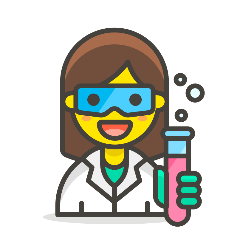 Cartoon of a woman in safety glasses and a lab coat holding a test tube with pink liquid and wearing green gloves.